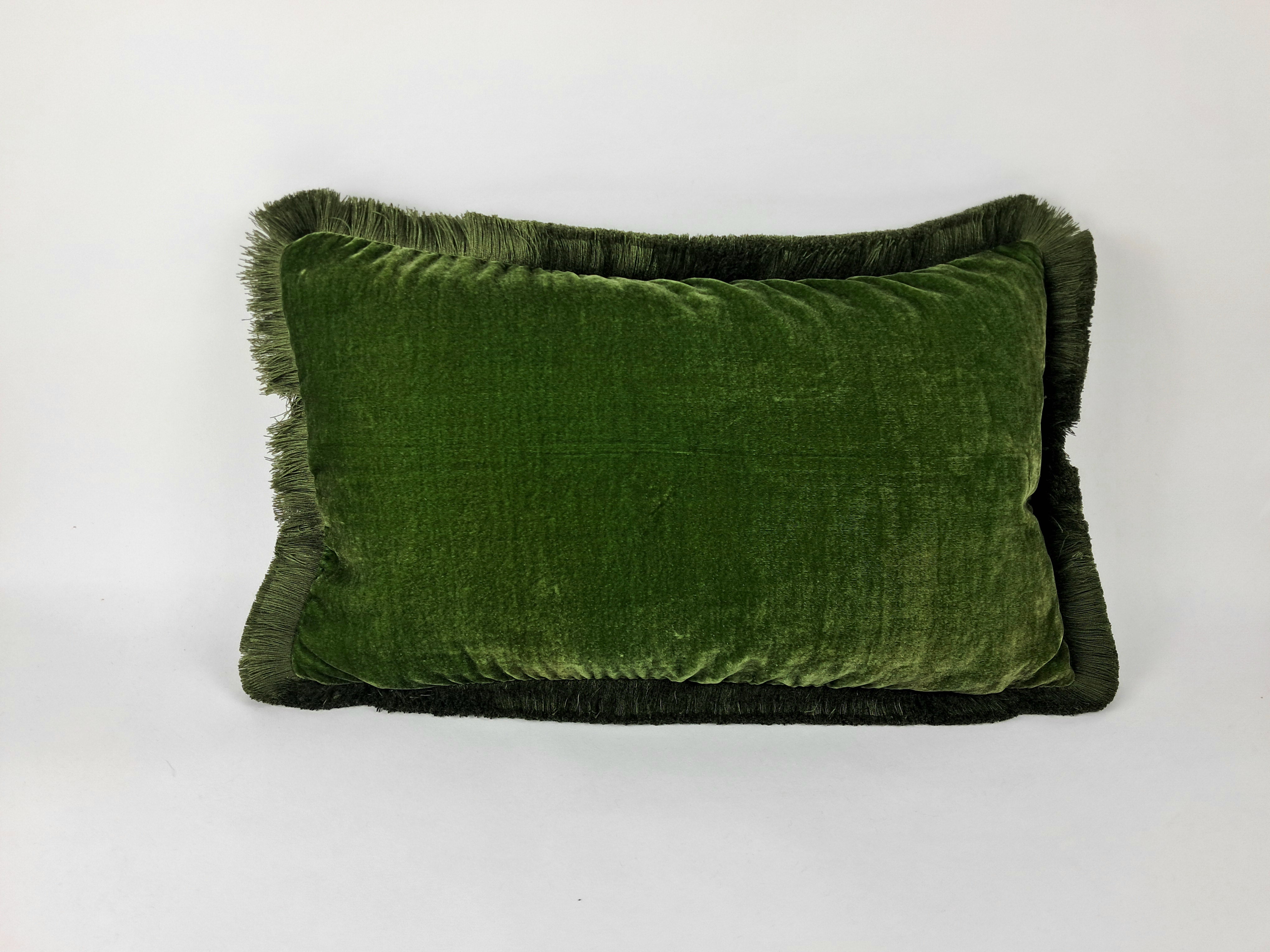 Moss silk velvet pillow, dark green silk velvet cushion, green fringe velvet pillow