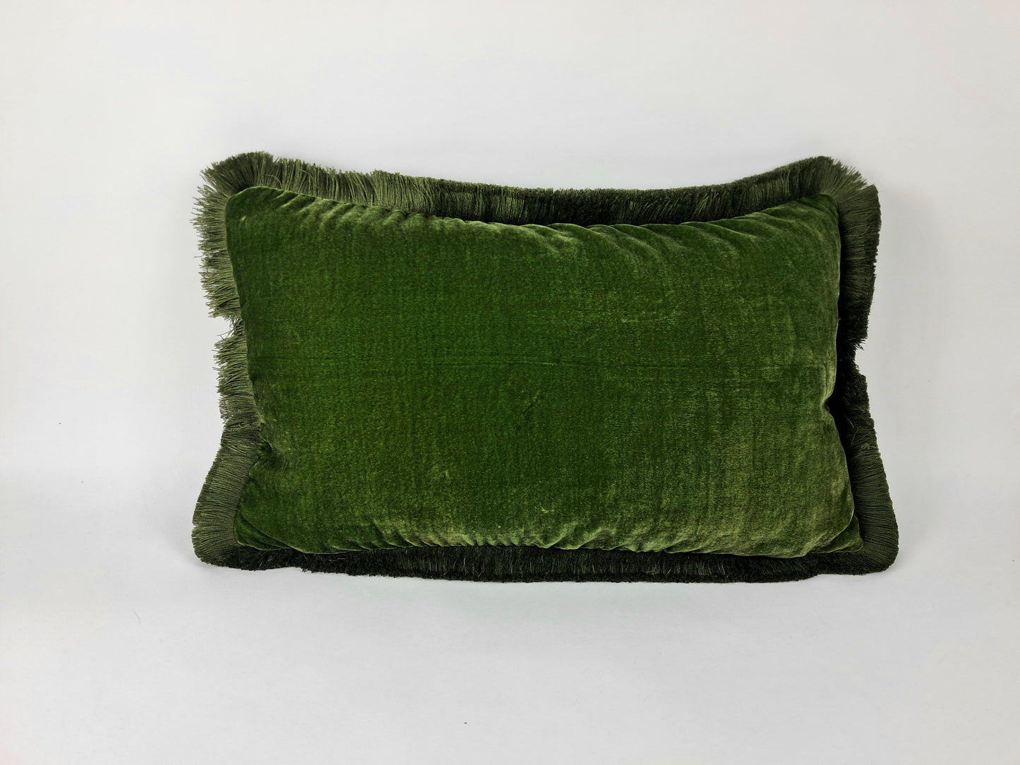 Moss silk velvet pillow, dark green silk velvet cushion, green fringe velvet pillow