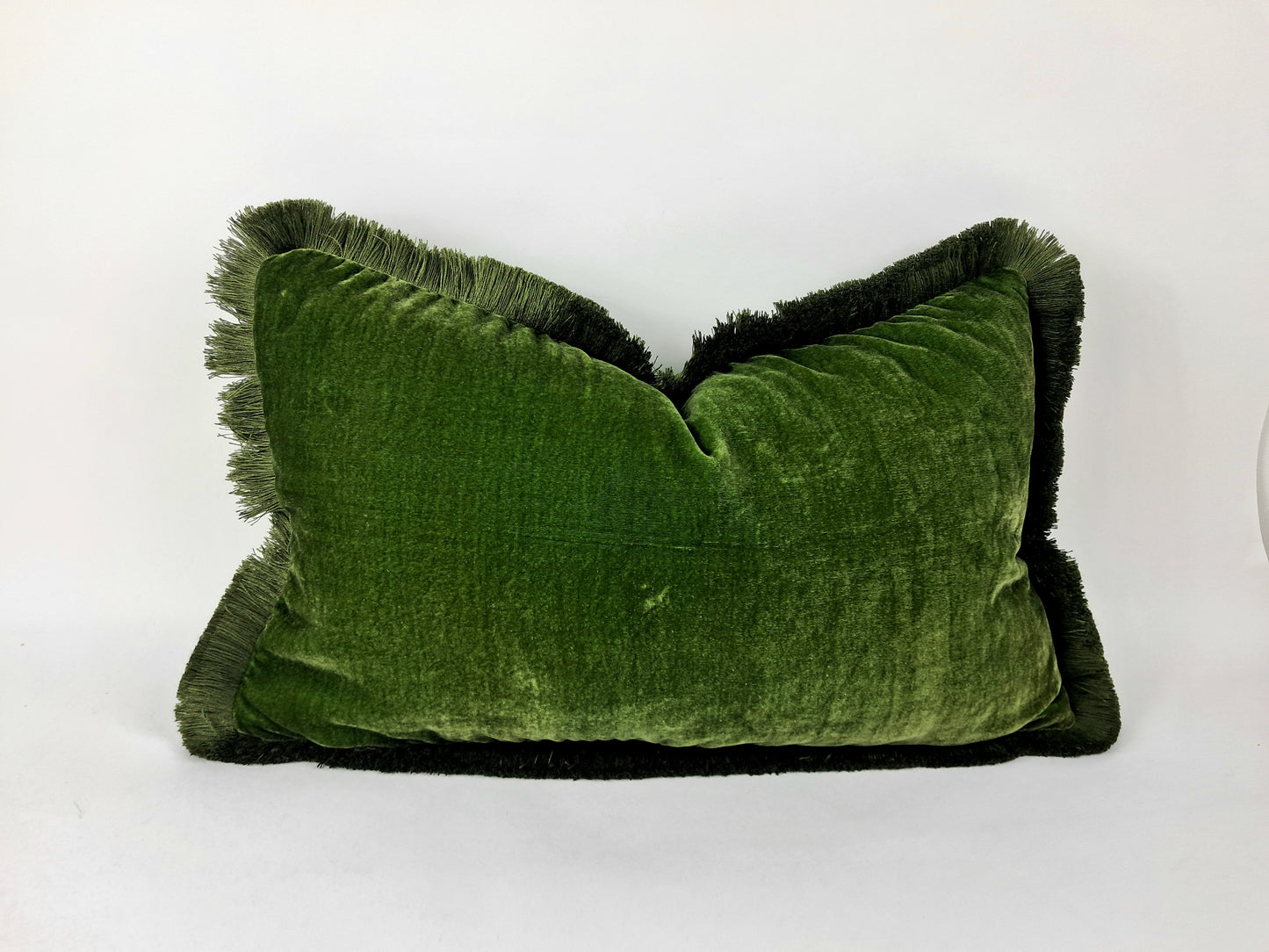 Moss silk velvet pillow, dark green silk velvet cushion, green fringe velvet pillow