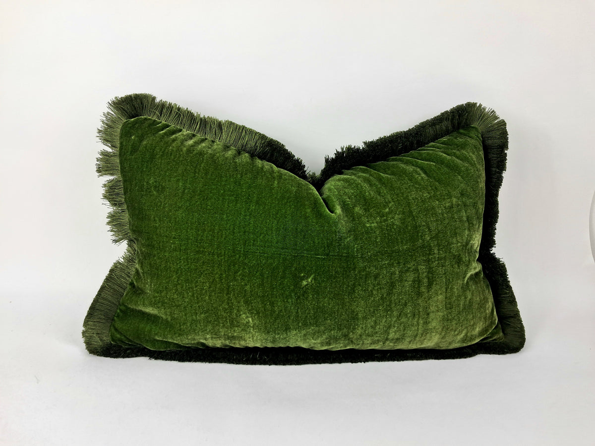Moss silk velvet pillow, dark green silk velvet cushion, green fringe velvet pillow