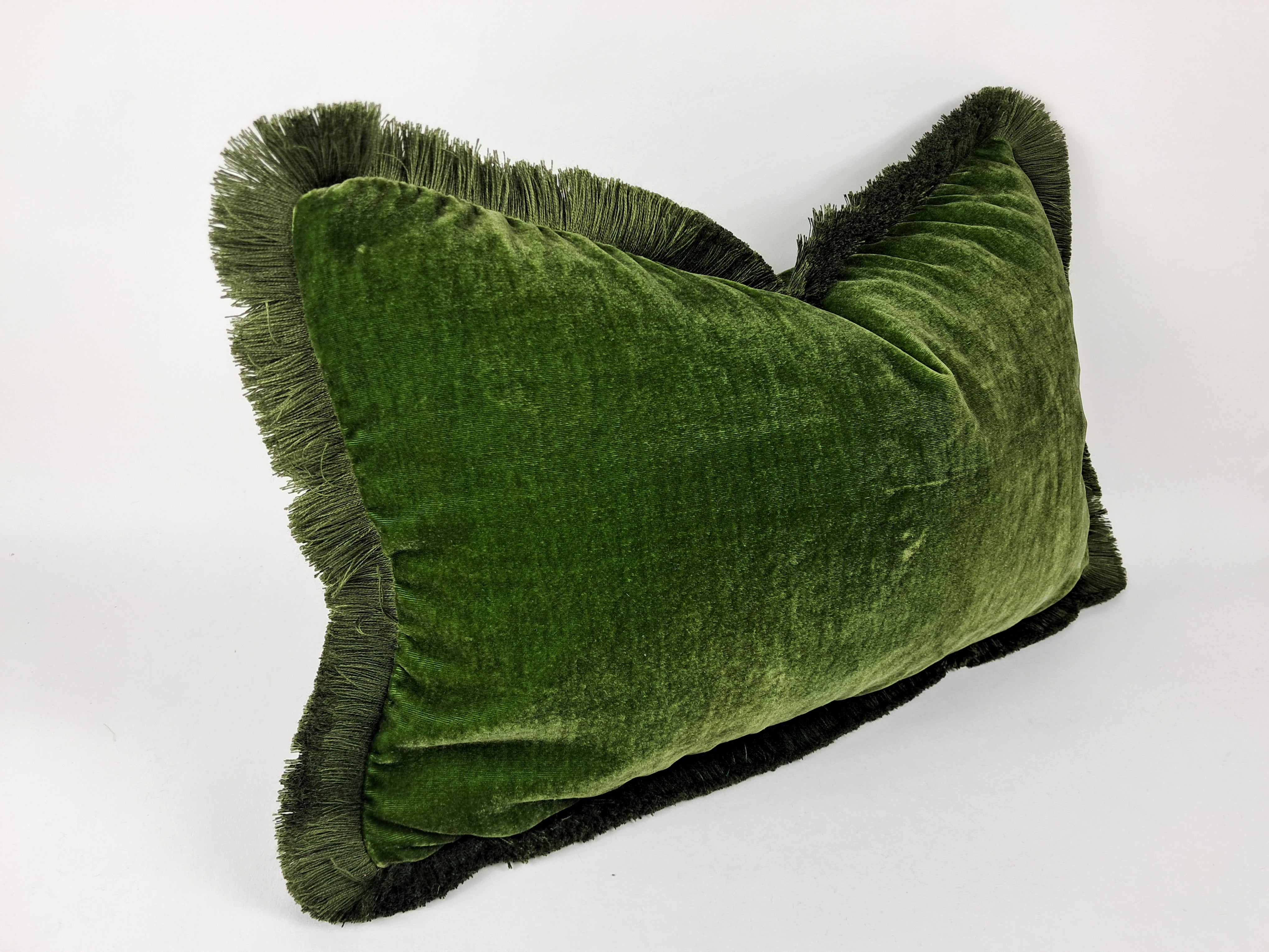 Moss silk velvet pillow, dark green silk velvet cushion, green fringe velvet pillow