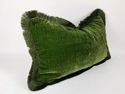 Moss silk velvet pillow, dark green silk velvet cushion, green fringe velvet pillow