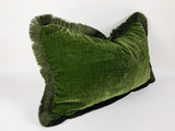 Moss silk velvet pillow, dark green silk velvet cushion, green fringe velvet pillow