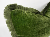 Moss silk velvet pillow, dark green silk velvet cushion, green fringe velvet pillow