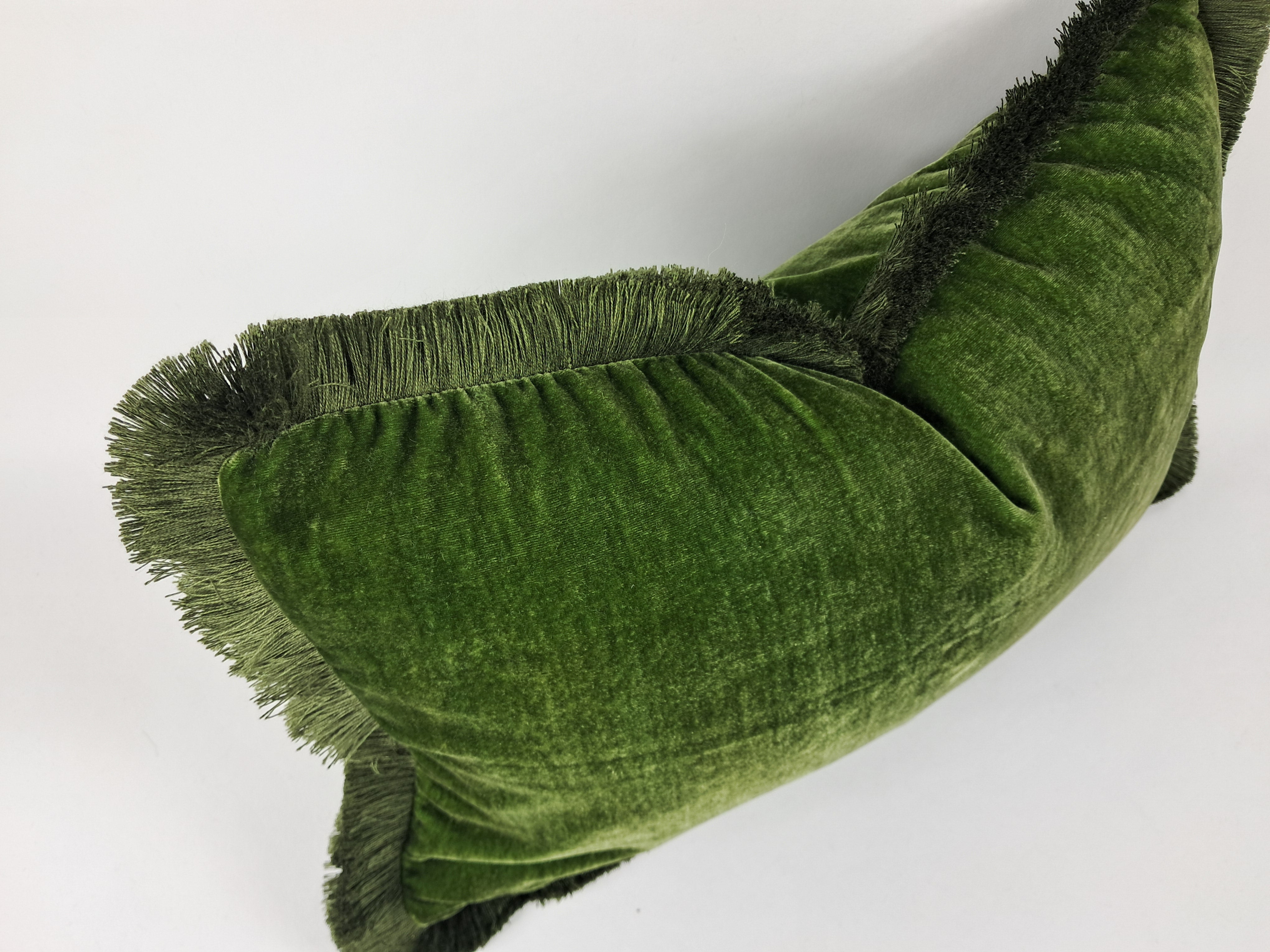 Moss silk velvet pillow, dark green silk velvet cushion, green fringe velvet pillow