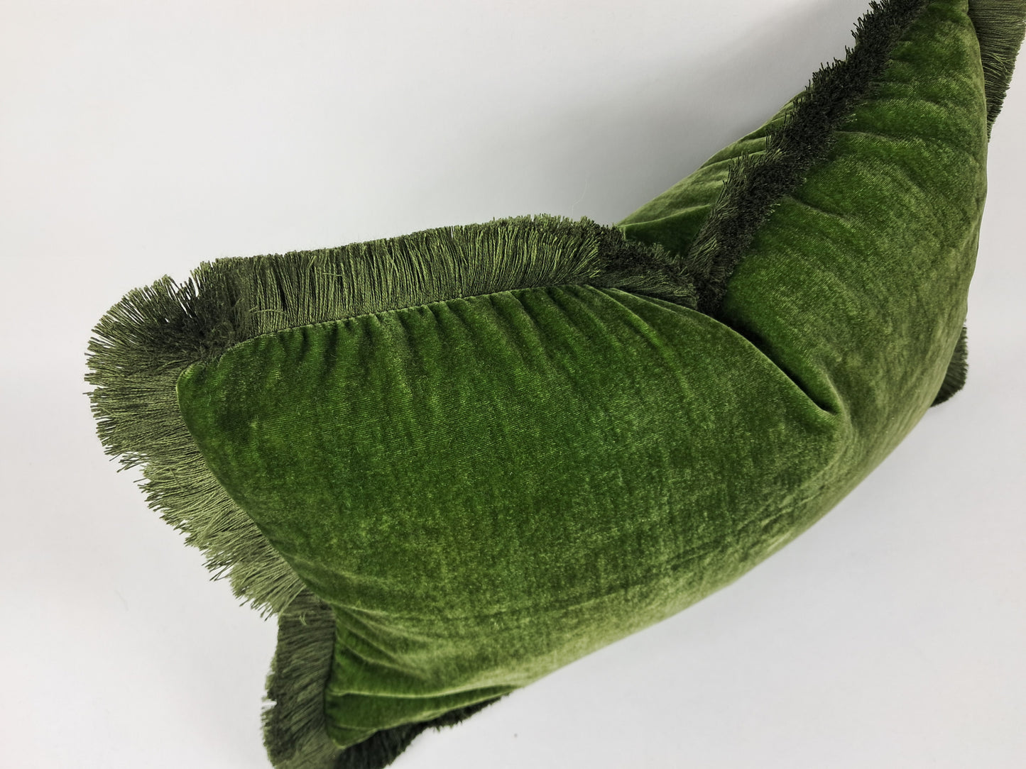 Moss silk velvet pillow, dark green silk velvet cushion, green fringe velvet pillow