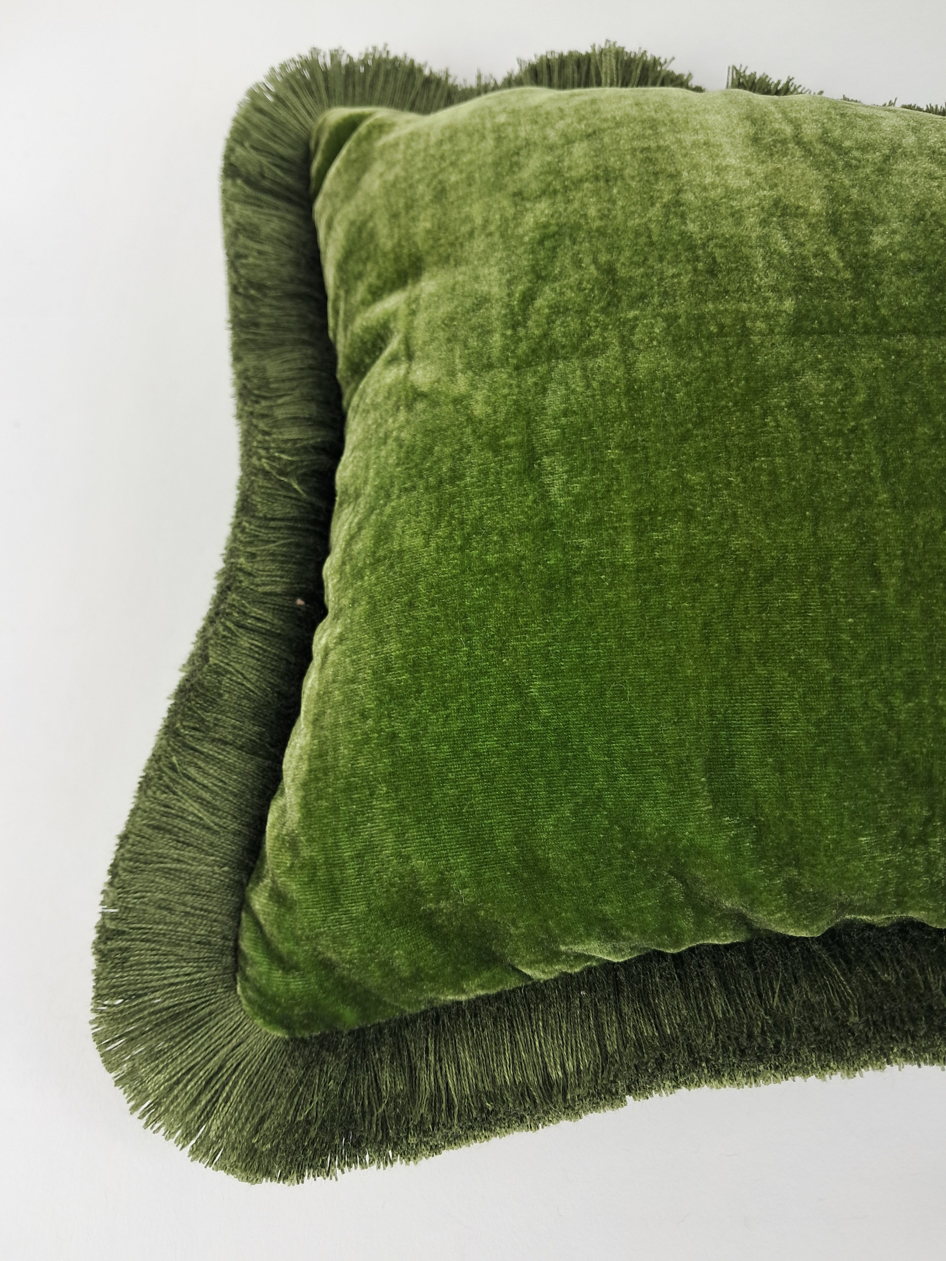 Moss silk velvet pillow, dark green silk velvet cushion, green fringe velvet pillow