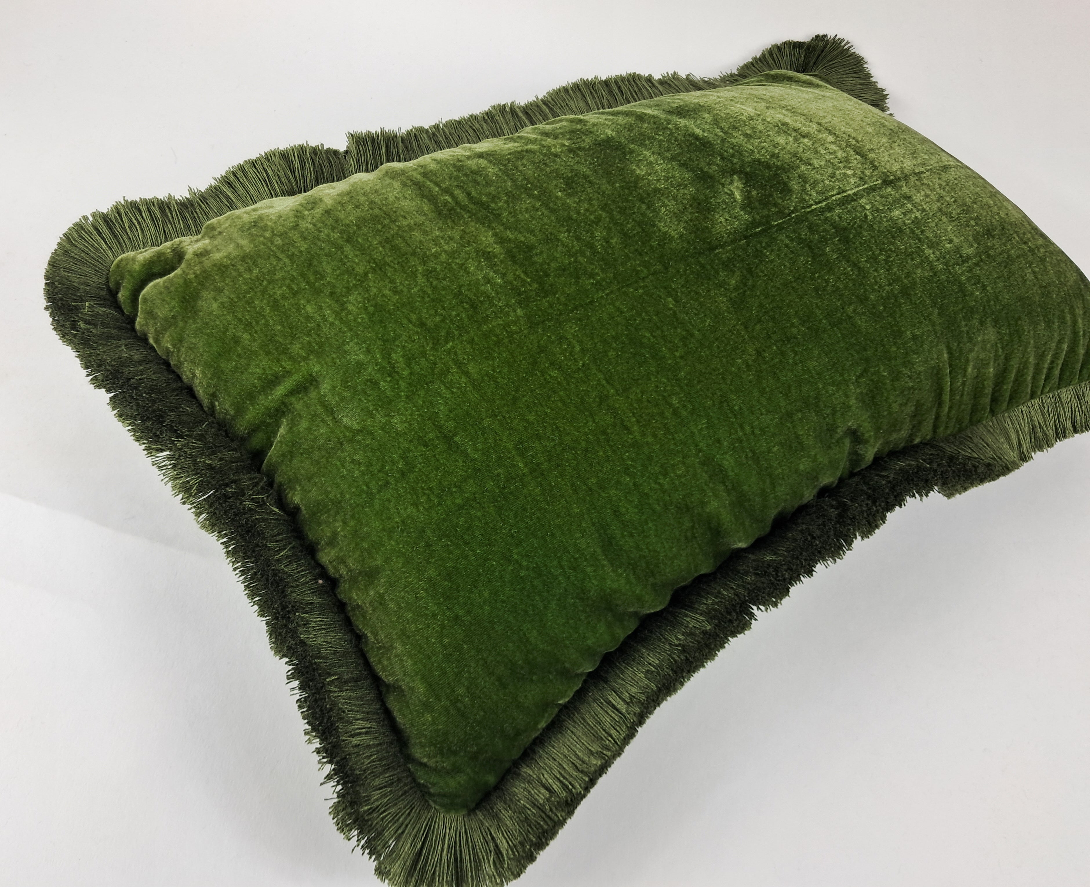 Moss silk velvet pillow, dark green silk velvet cushion, green fringe velvet pillow