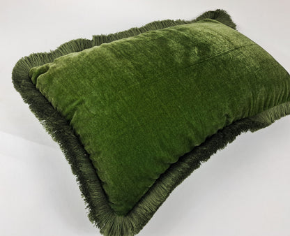 Moss silk velvet pillow, dark green silk velvet cushion, green fringe velvet pillow