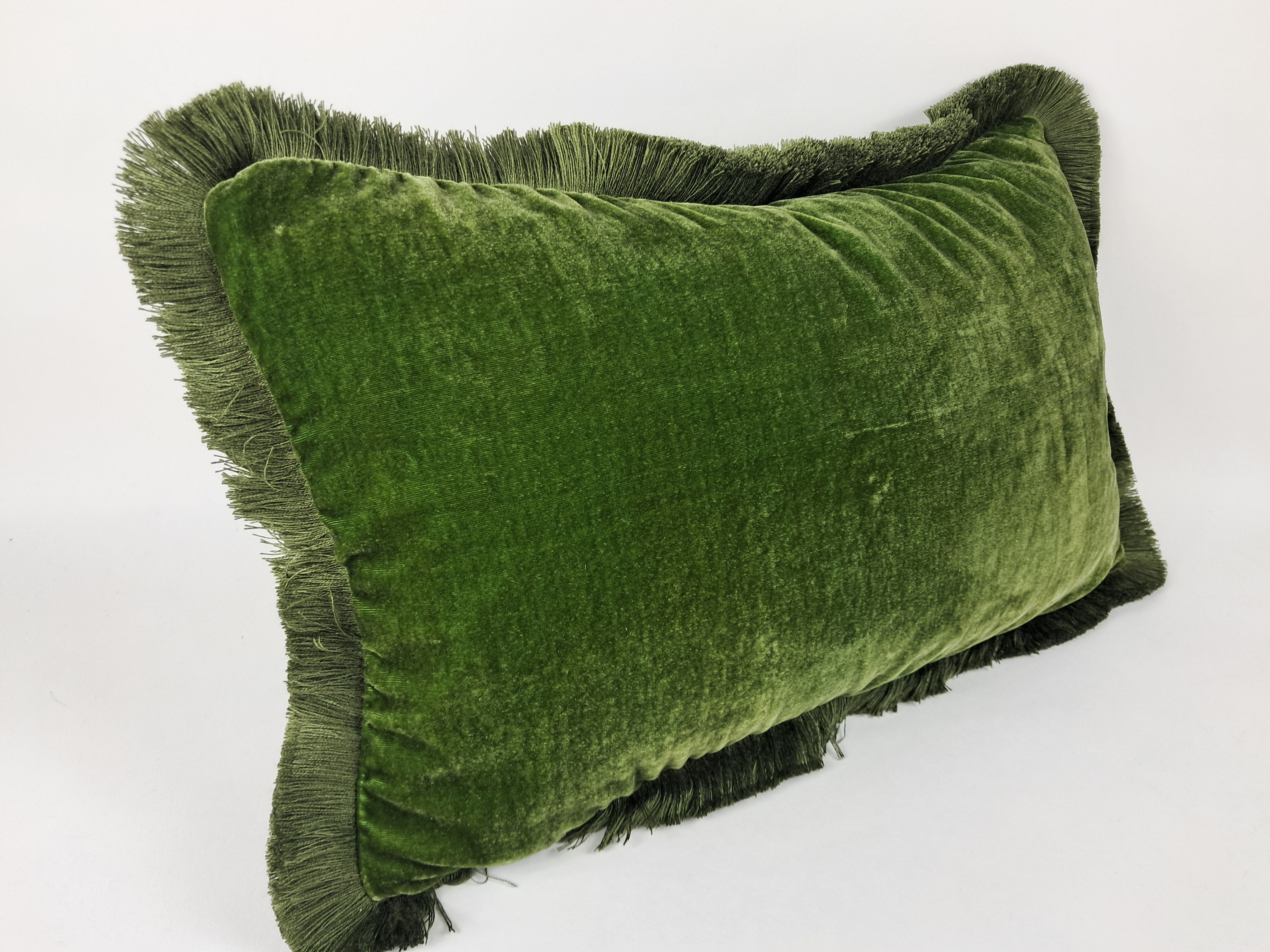 Moss silk velvet pillow, dark green silk velvet cushion, green fringe velvet pillow