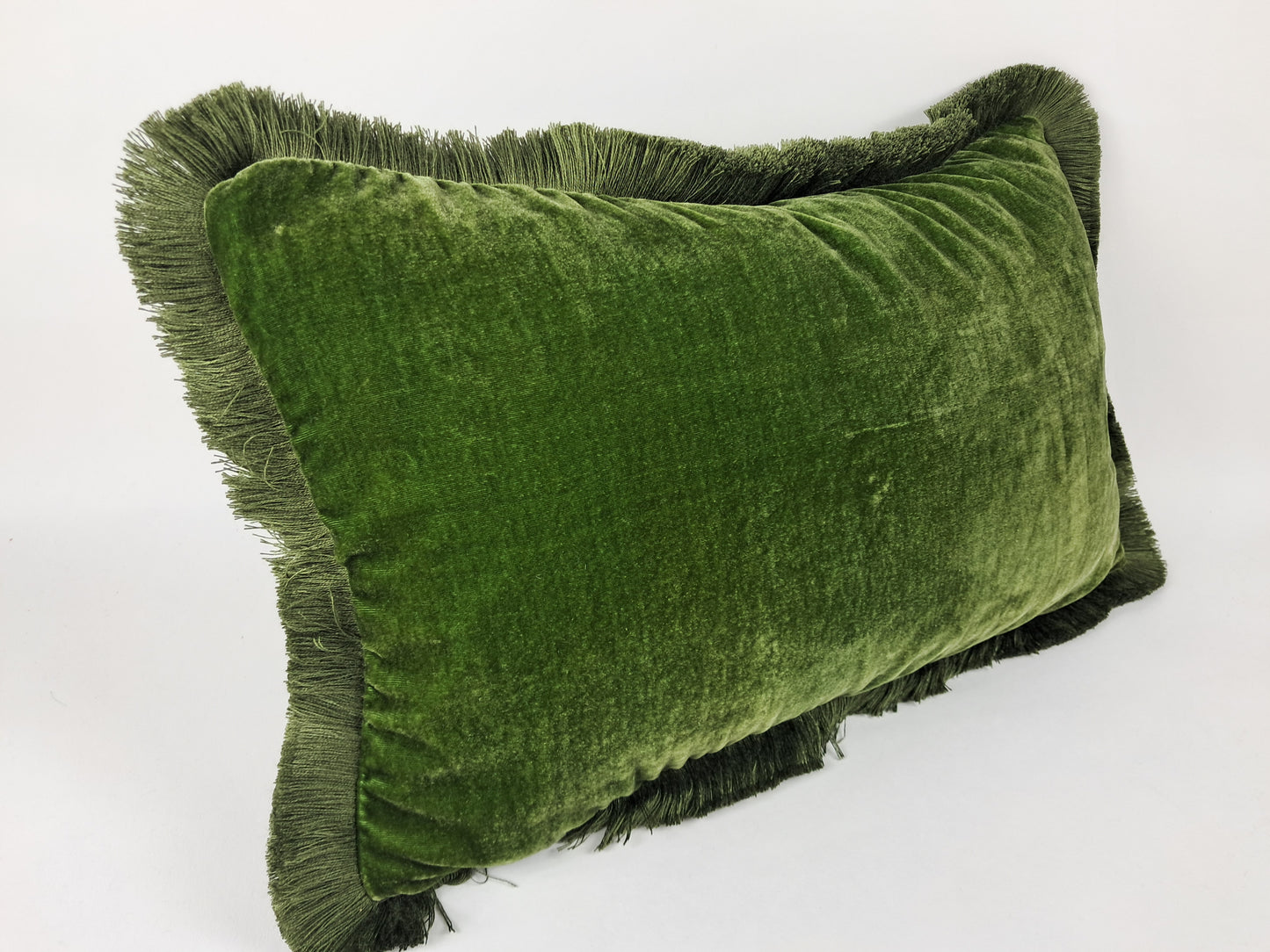 Moss silk velvet pillow, dark green silk velvet cushion, green fringe velvet pillow