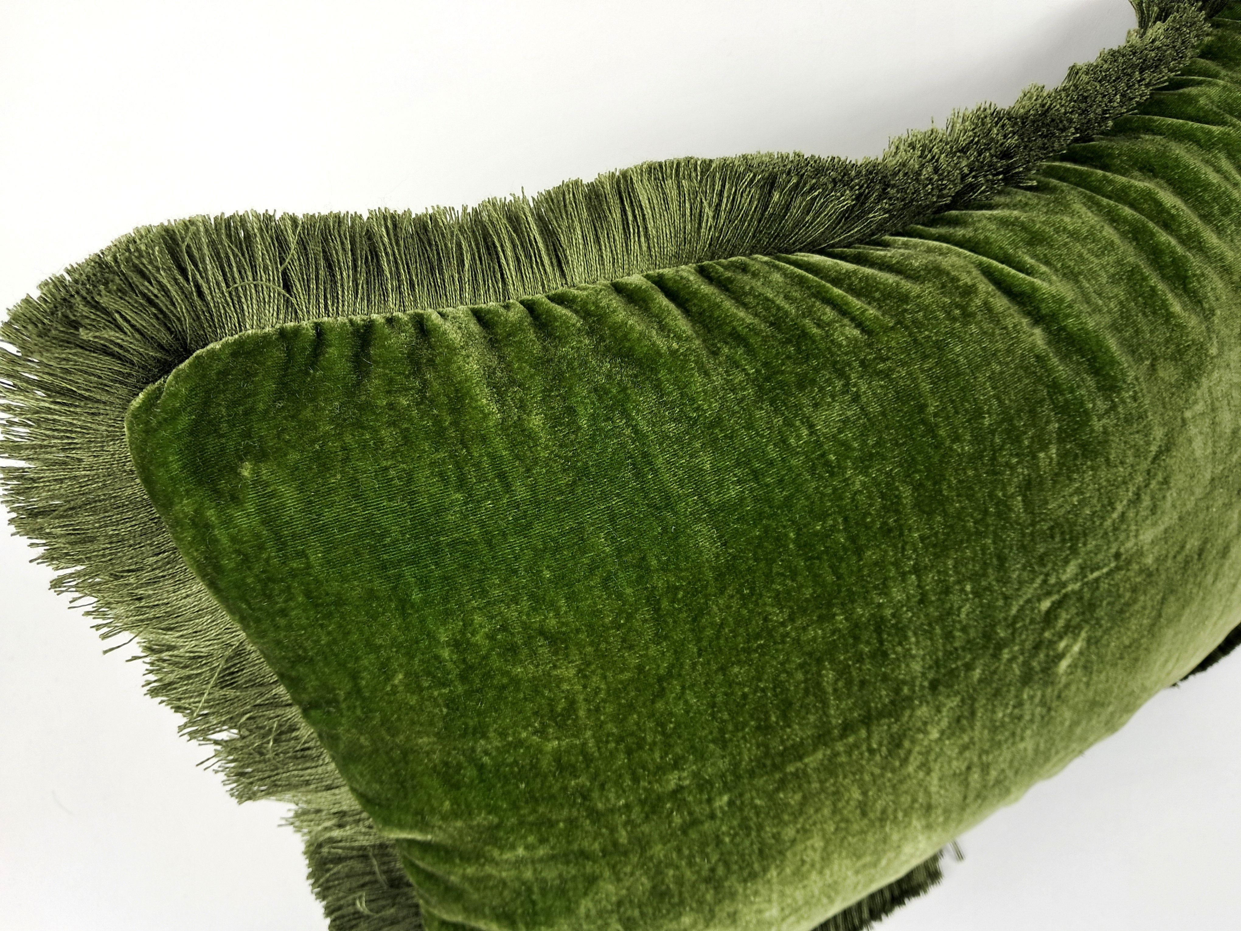 Moss silk velvet pillow, dark green silk velvet cushion, green fringe velvet pillow