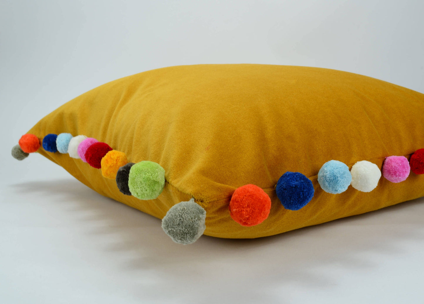 Pom pom cushion // jumbo pom pom pillow // mustard velvet pom cushion // yellow pom pom pillow