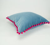 blue velvet pom pom pillow // pink pom pom cushion // blue and pink pillow
