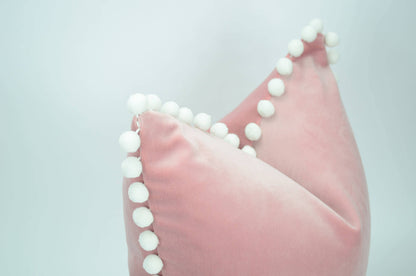 Blush velvet with white pom poms // blush with white pom poms // pink pillow with white pom poms // pink and white // white pom poms