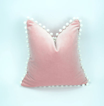 Blush velvet with white pom poms // blush with white pom poms // pink pillow with white pom poms // pink and white // white pom poms