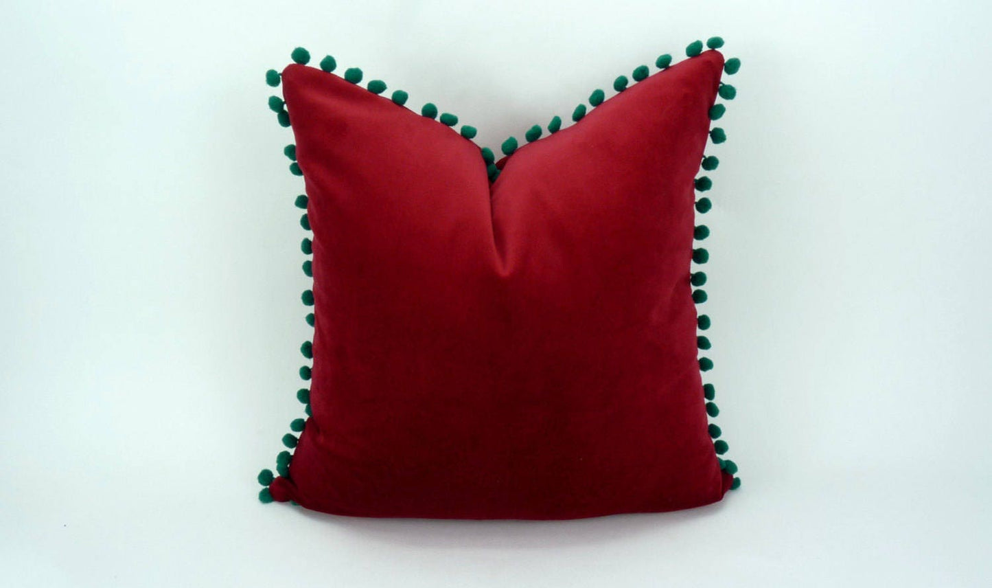 Christmas pillow // festive decor // red and green pillow case // Red Velvet Cushion case // pom pom pillow
