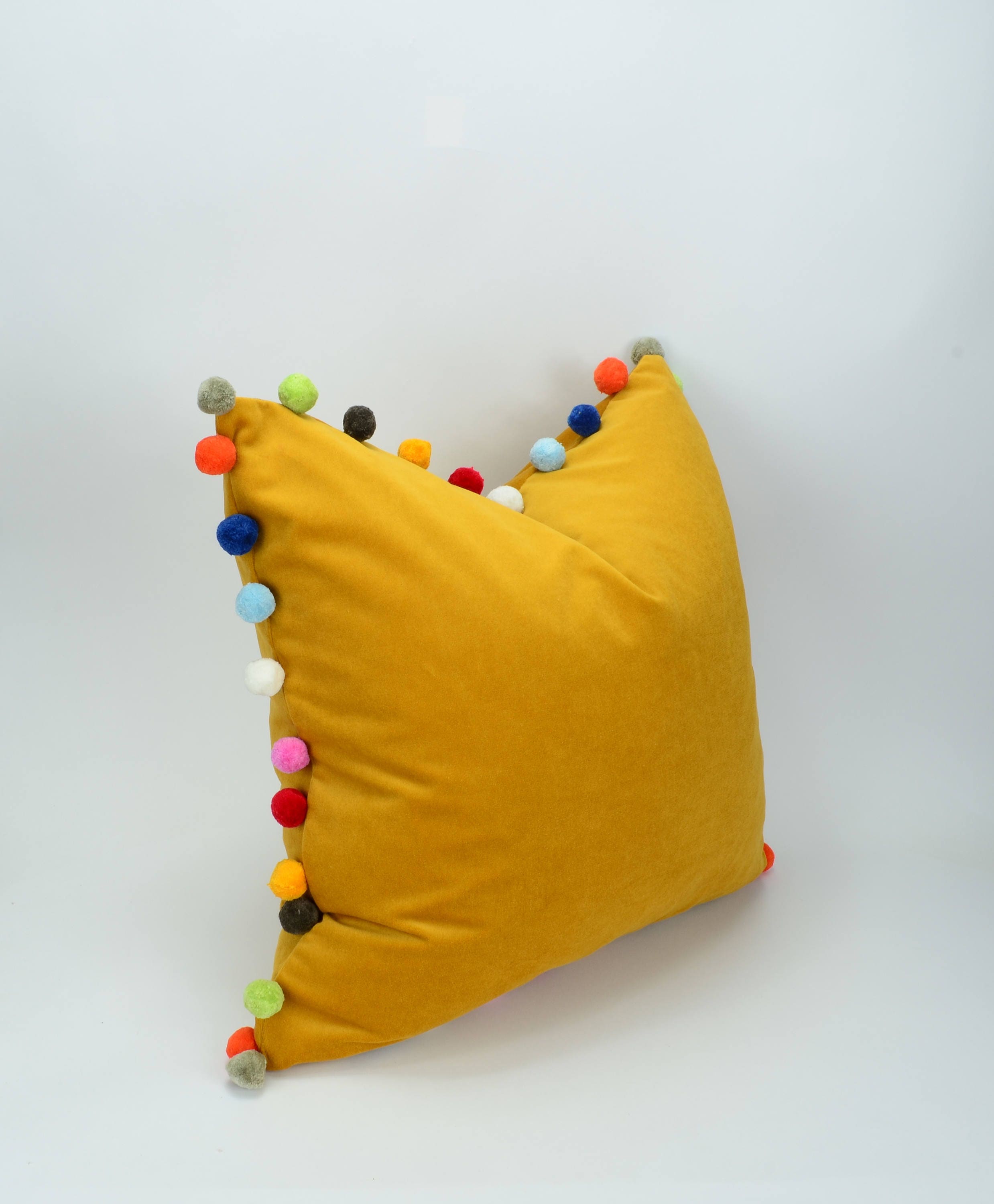 Pom pom pillow // jumbo pom pom pillow // velvet pom cushion // yellow pom pom pillow