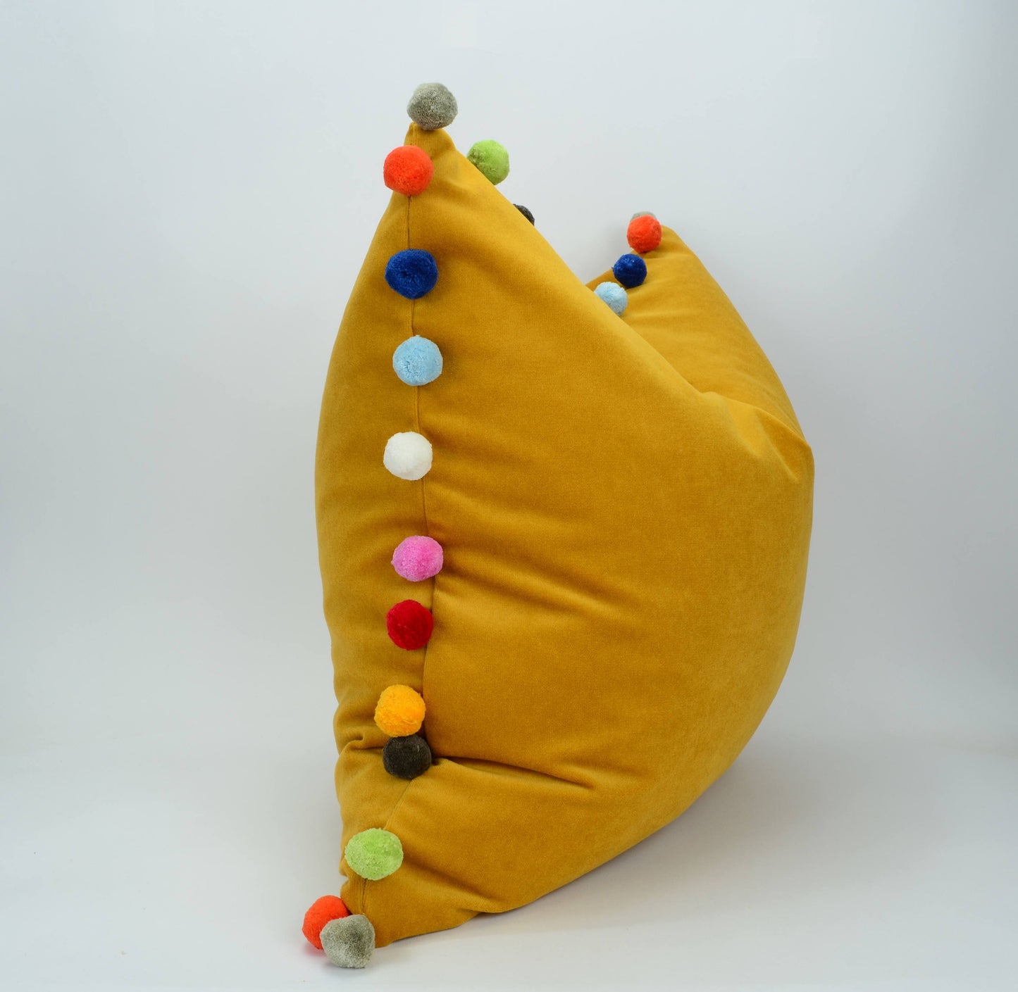 Pom pom pillow // jumbo pom pom pillow // velvet pom cushion // yellow pom pom pillow