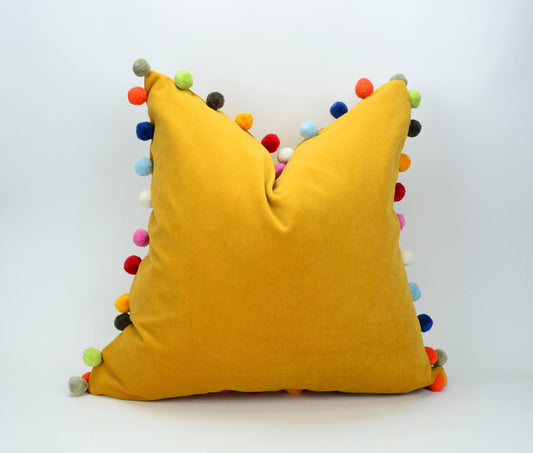 Pom pom pillow // jumbo pom pom pillow // velvet pom cushion // yellow pom pom pillow