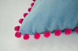 blue velvet pom pom pillow // pink pom pom cushion // blue and pink pillow