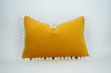 Mustard pillow with pom poms // yellow pom pom cushion // pom pom pillow // mustard velvet pom pillow