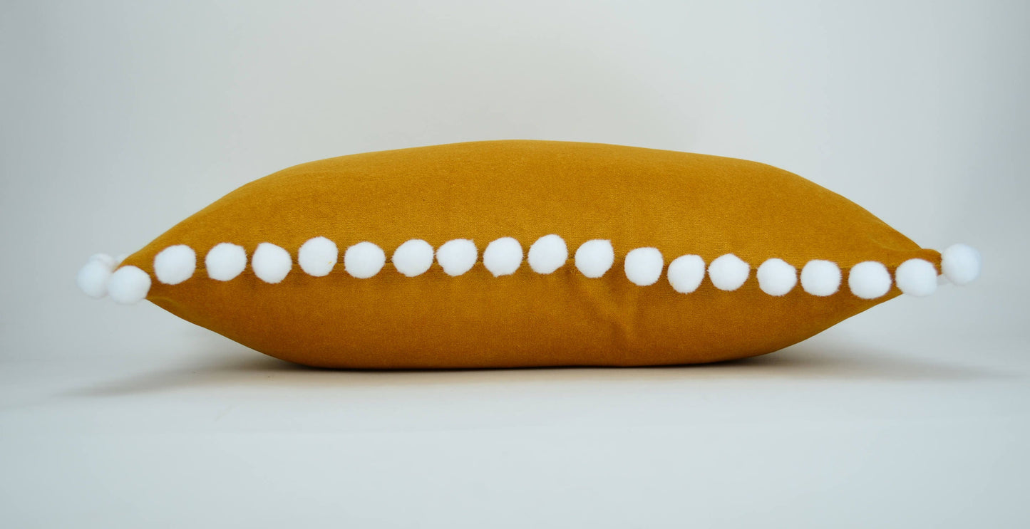 Mustard pillow with pom poms // yellow pom pom cushion // pom pom pillow // mustard velvet pom pillow