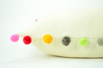 Pom pom pillow // rainbow pom poms // colourful pom pom cushion // jumbo pom pom cushion