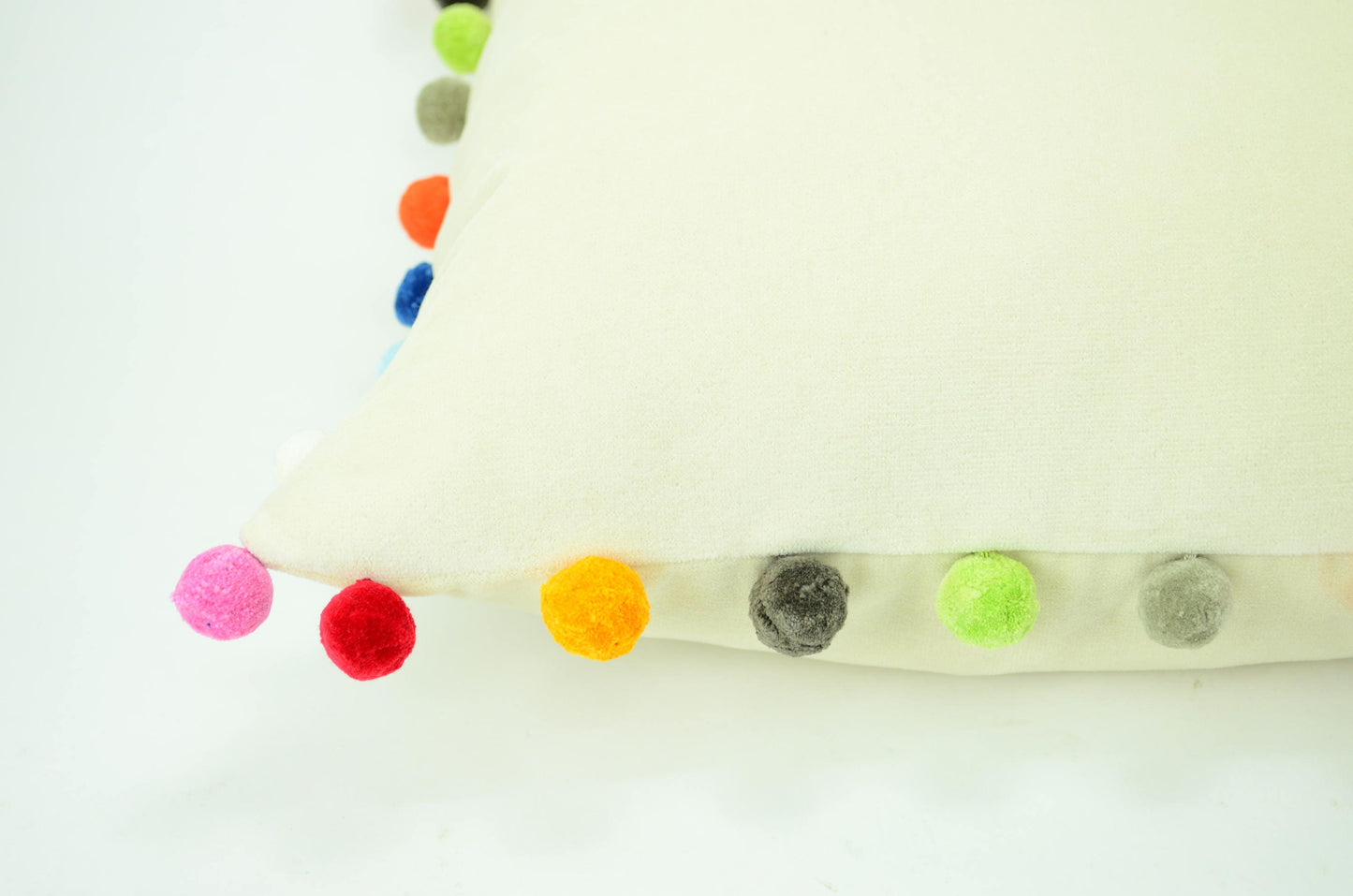 Pom pom pillow // rainbow pom poms // colourful pom pom cushion // jumbo pom pom cushion