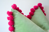 Mint green pom pom cushion cover  // jumbo pom pom pillow //  green and pink pillow cover // green velvet pillow cover