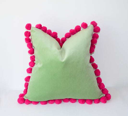 Mint green pom pom cushion cover  // jumbo pom pom pillow //  green and pink pillow cover // green velvet pillow cover