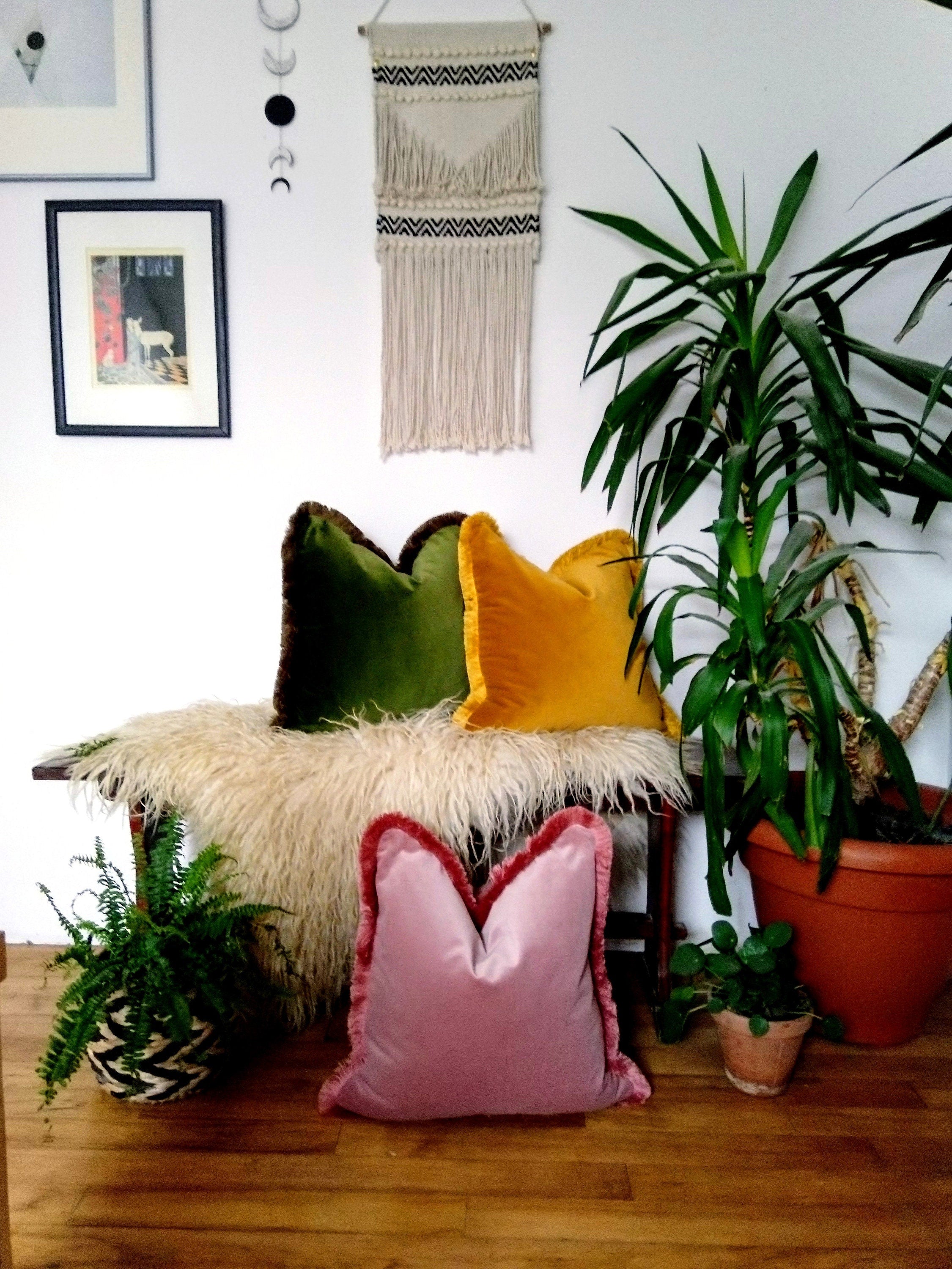 Purple velvet and mustard fringe pillow, pink orchid velvet pillow, purple fringe cushion, orchid velvet cushion