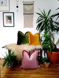 Purple velvet and mustard fringe pillow, pink orchid velvet pillow, purple fringe cushion, orchid velvet cushion