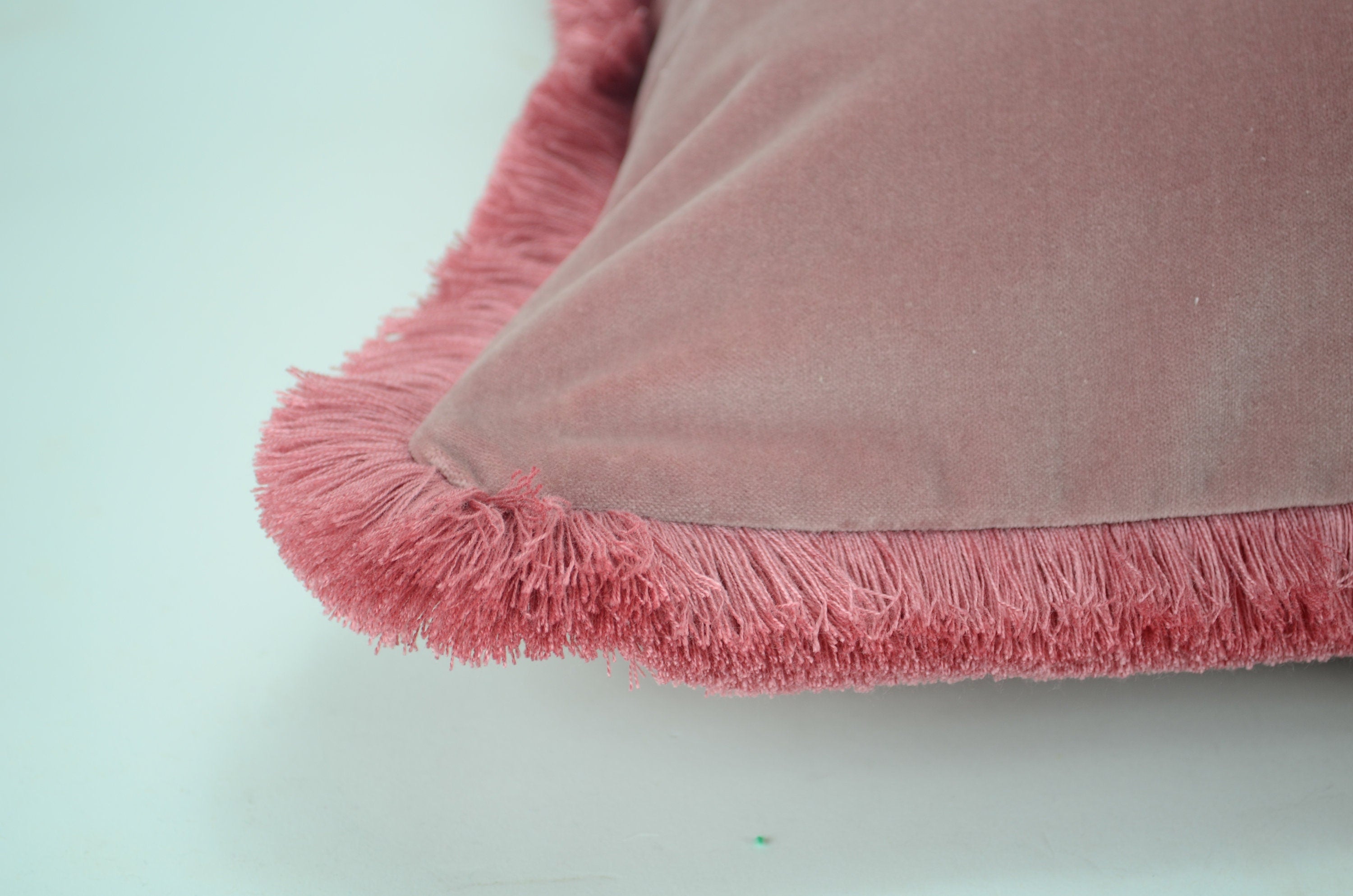Pink brush fringe pillow, blush pink velvet pillow, pink velvet cushion