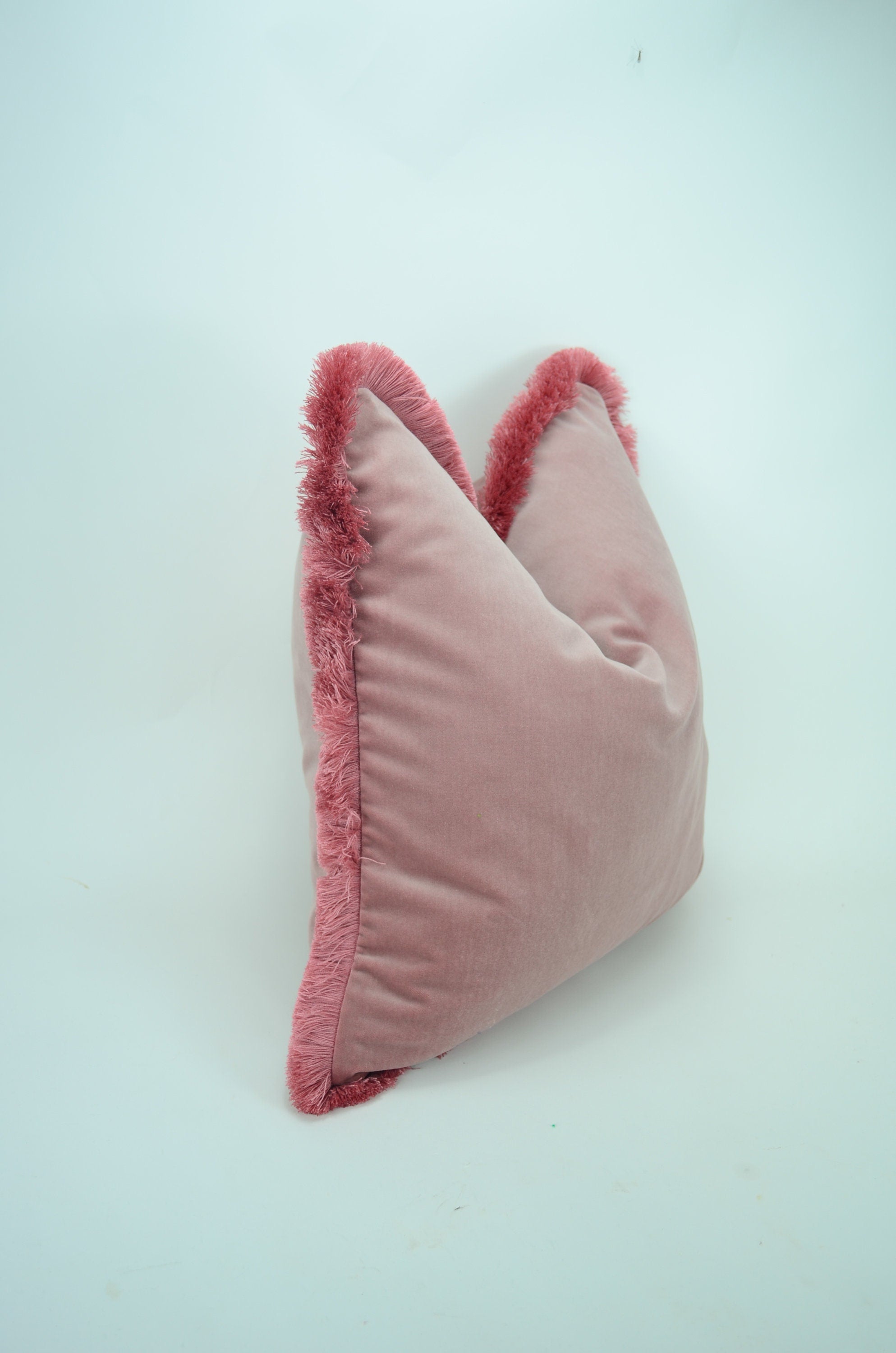 Pink brush fringe pillow, blush pink velvet pillow, pink velvet cushion