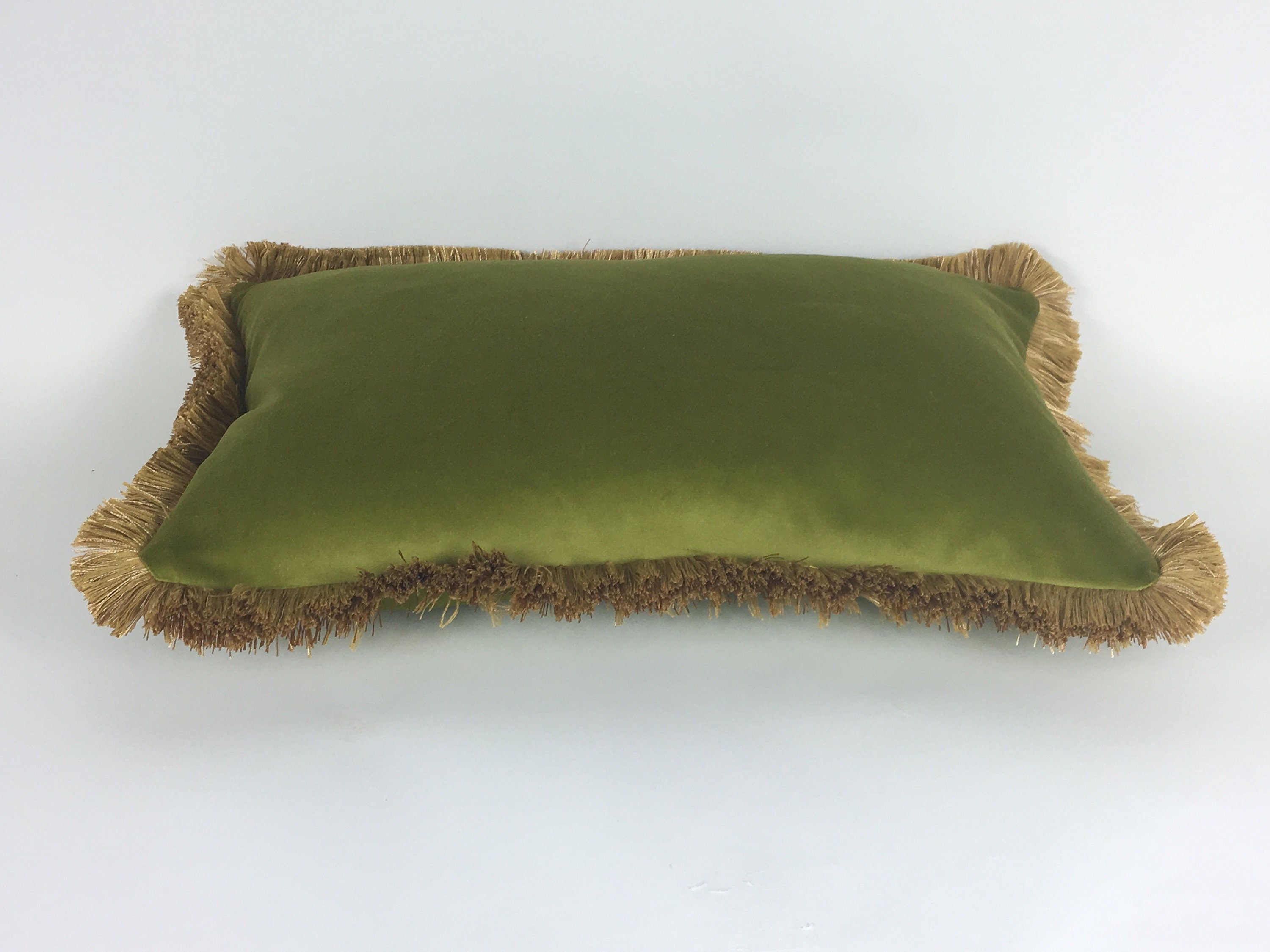 green and gold pillow // gold fringed pillow // green and gold