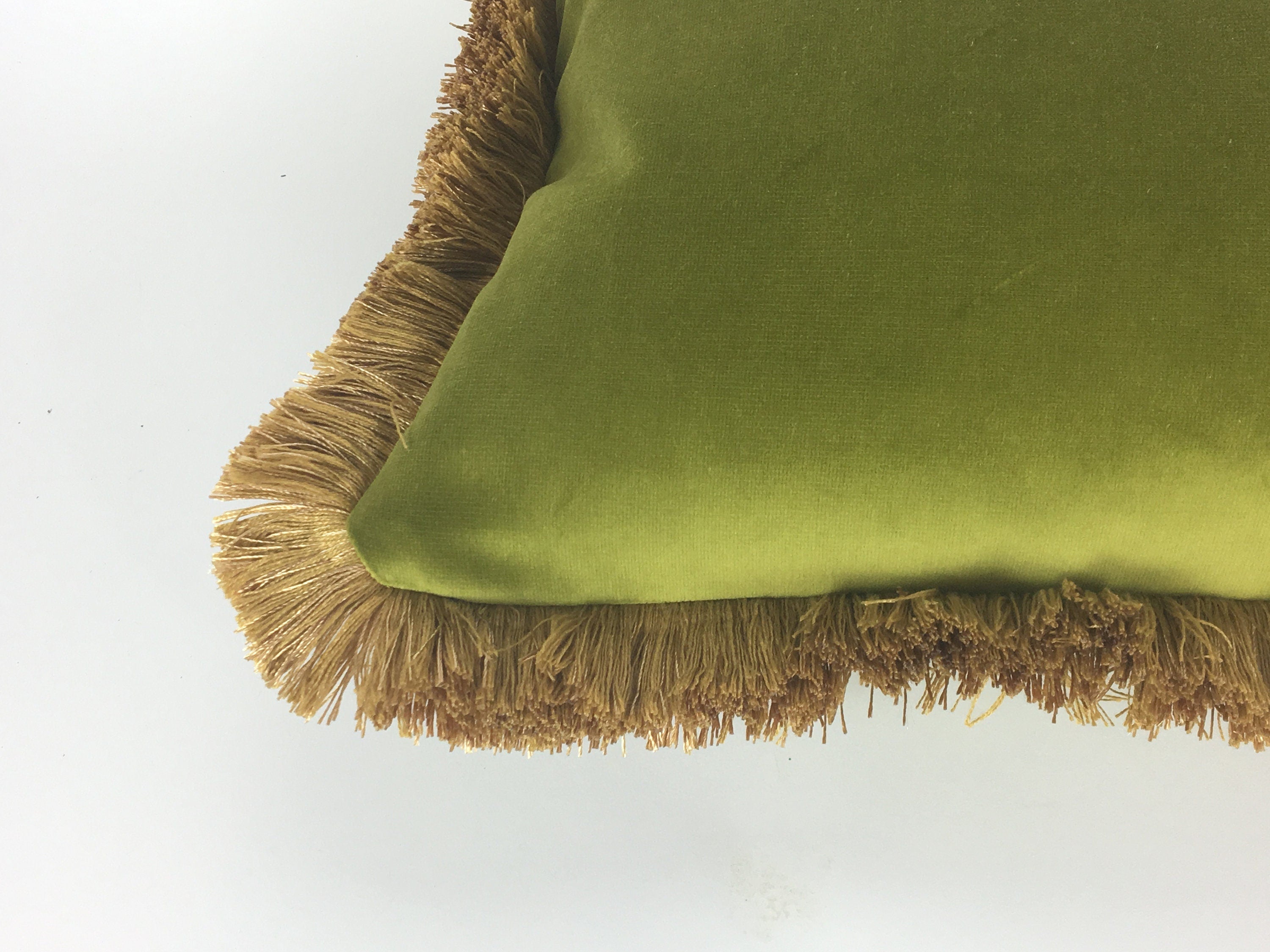 green and gold pillow // gold fringed pillow // green and gold