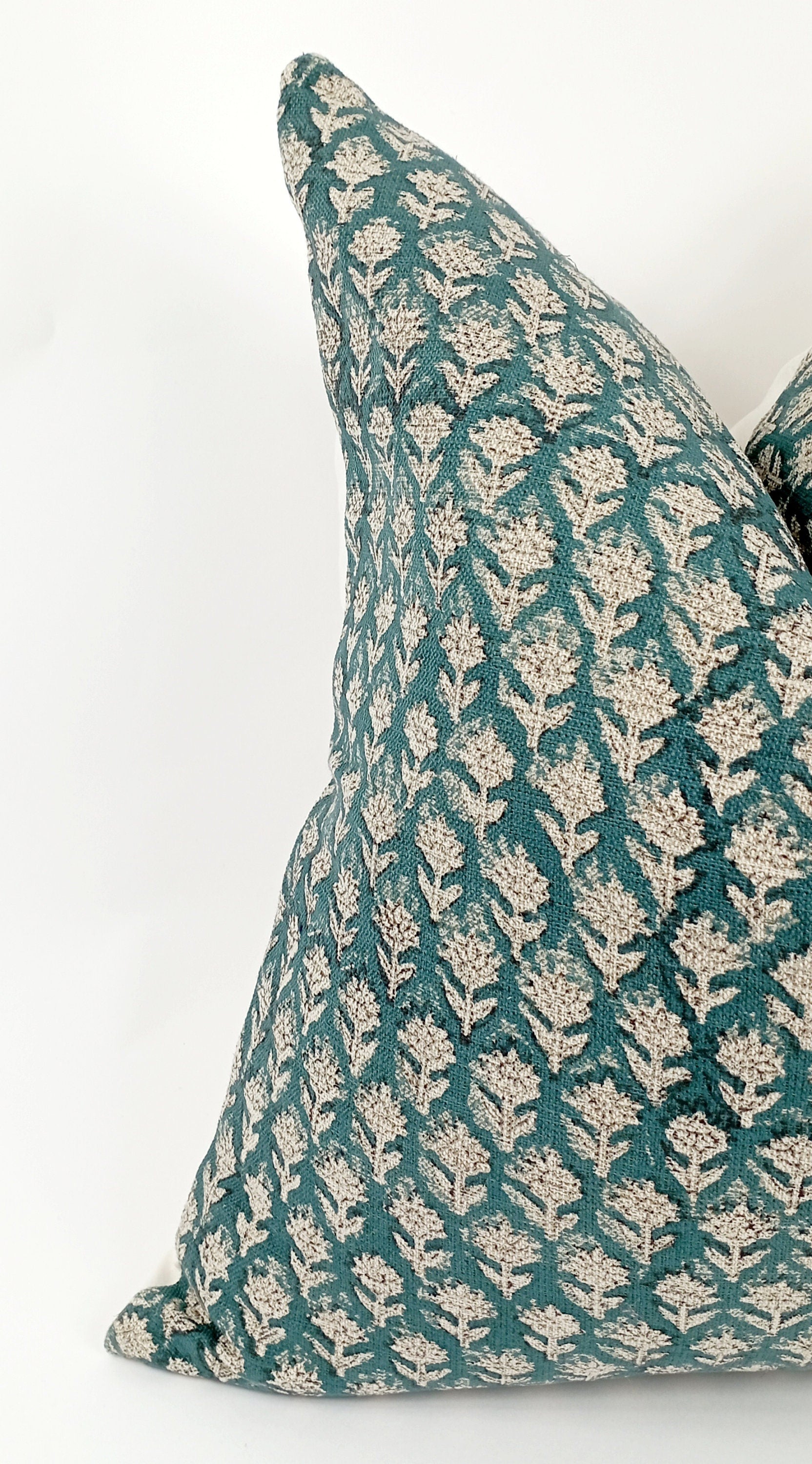 Teal floral block print pillow, teal floral pillow, block print cushion