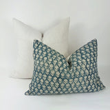 Teal floral block print pillow, teal floral pillow, block print cushion