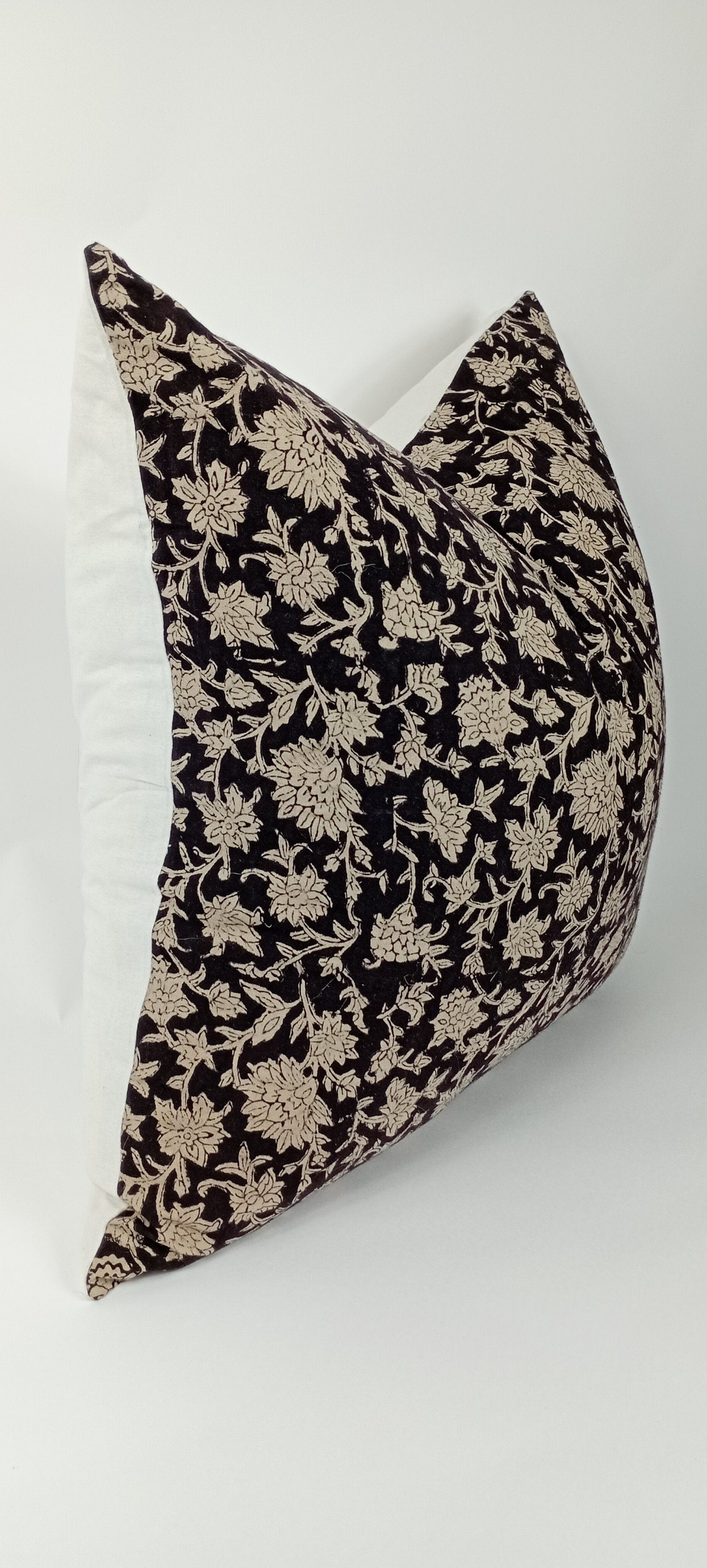 Block print pillow, block print black floral pillow, block print cushion, neutral throw pillow, designer pillow