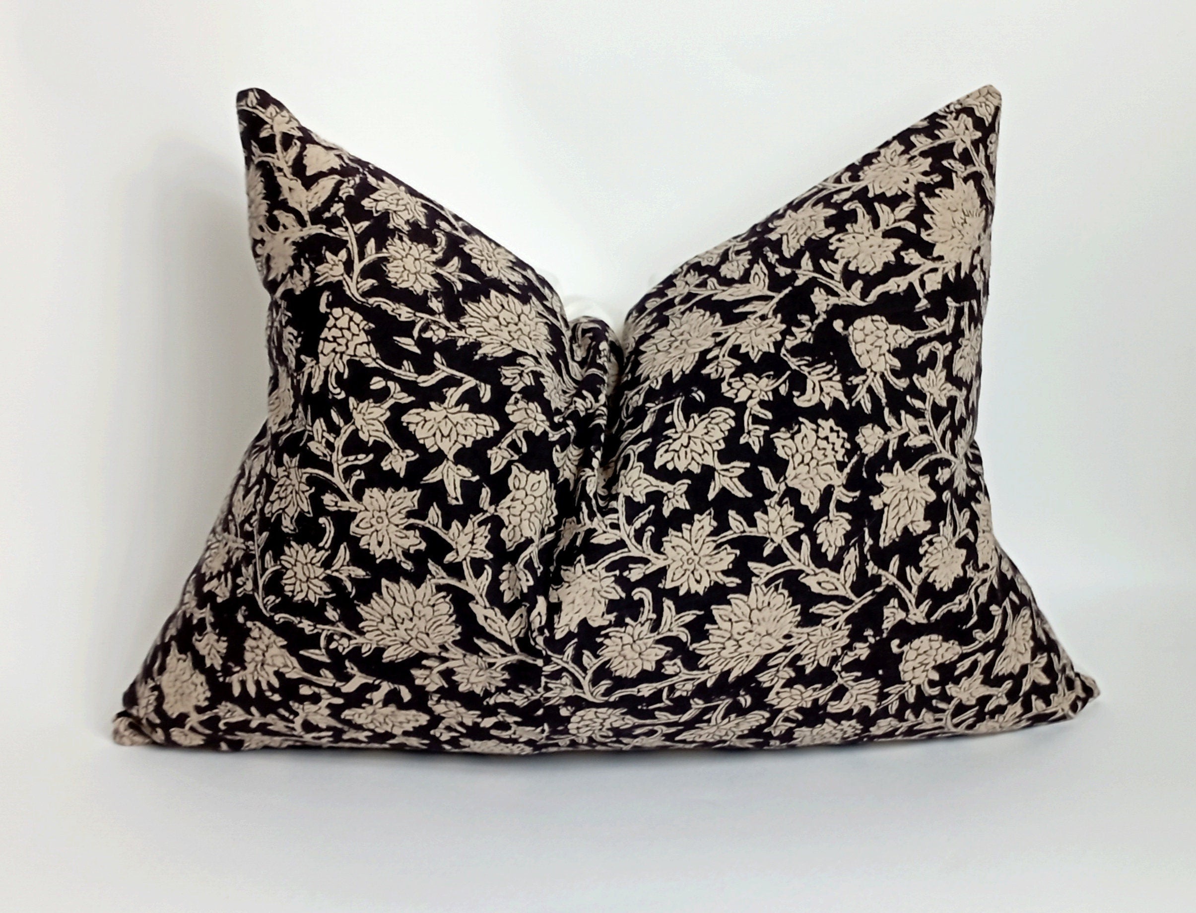 Black block print floral pillow, black floral pillow