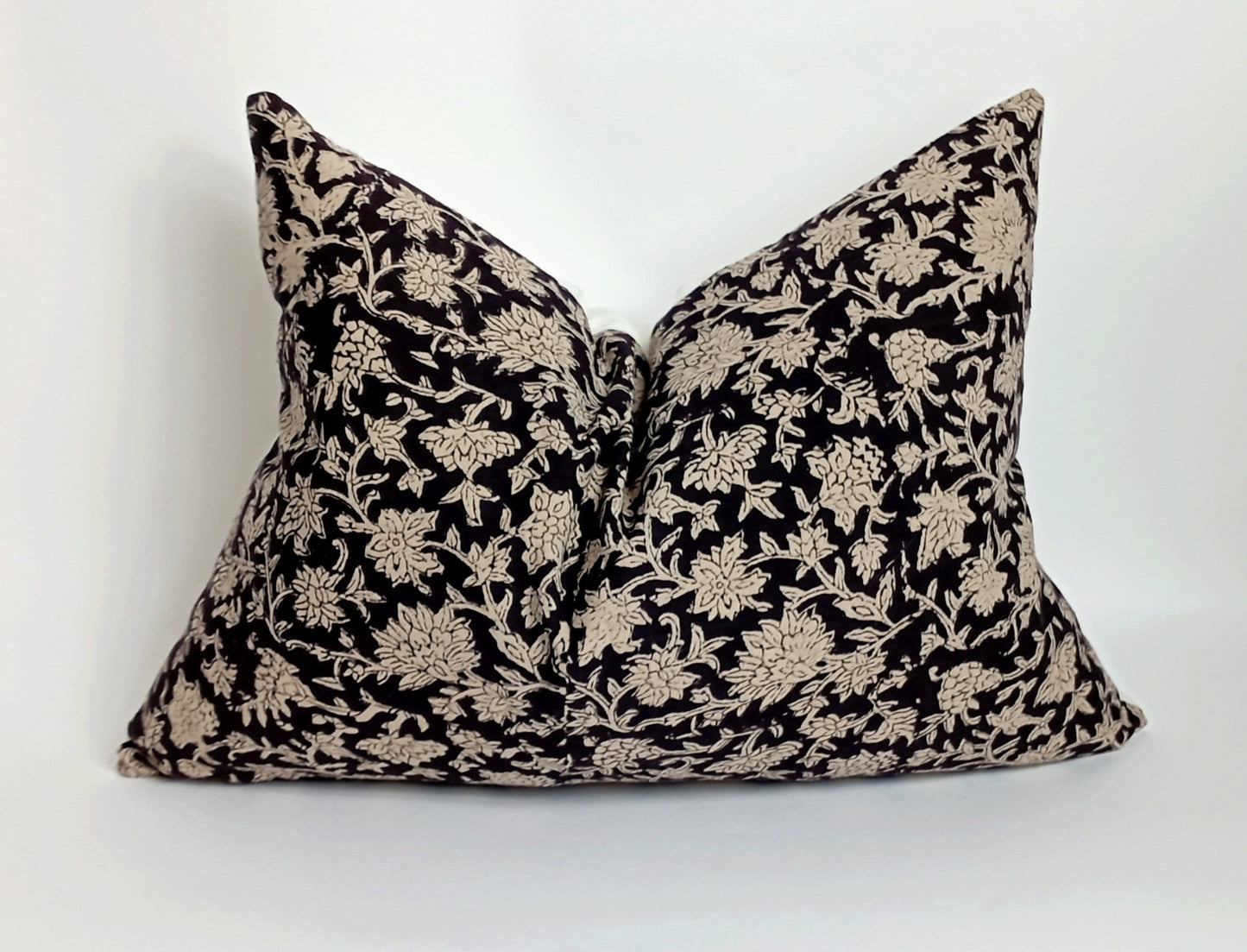 Block print pillow, block print black floral pillow, block print cushion, neutral throw pillow, designer pillow