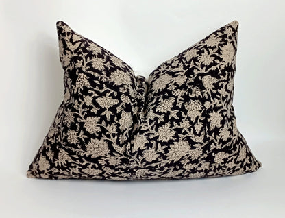 Block print pillow, block print black floral pillow, block print cushion, neutral throw pillow, designer pillow