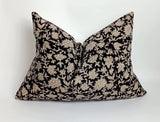 Block print pillow, block print black floral pillow, block print cushion, neutral throw pillow, designer pillow
