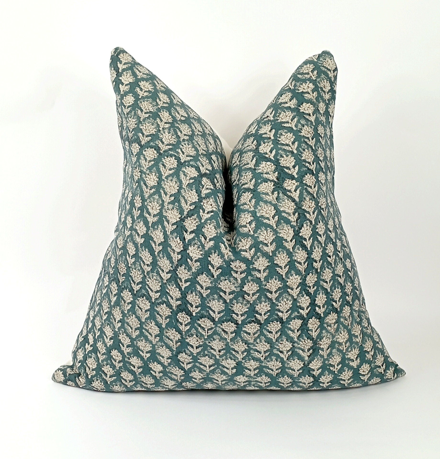 Teal block print floral pillow, teal floral pillow