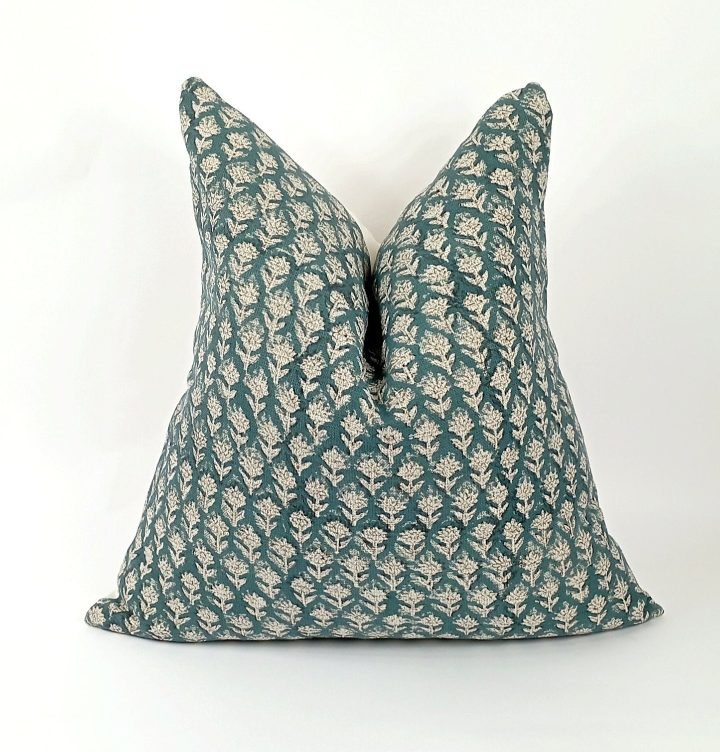 Teal block print floral pillow, teal floral pillow