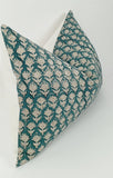 Teal block print floral pillow, teal floral pillow