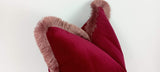Red and pink velvet pillow, red with pink fringe pillow, red velvet cushion