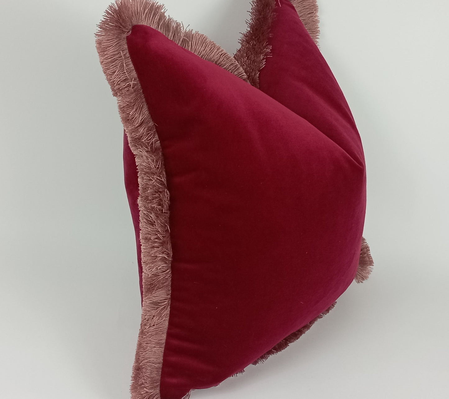 Red and pink velvet pillow, red with pink fringe pillow, red velvet cushion