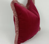 Red and pink velvet pillow, red with pink fringe pillow, red velvet cushion
